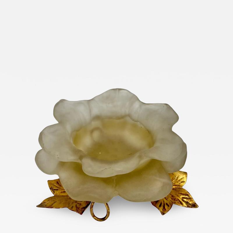Mid Century Modern White Frosted Lucite Flower Candle Holder with Gold Leaves