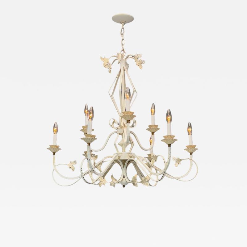 Mid Century Modern White Painted Iron Large Chandelier USA 1960s