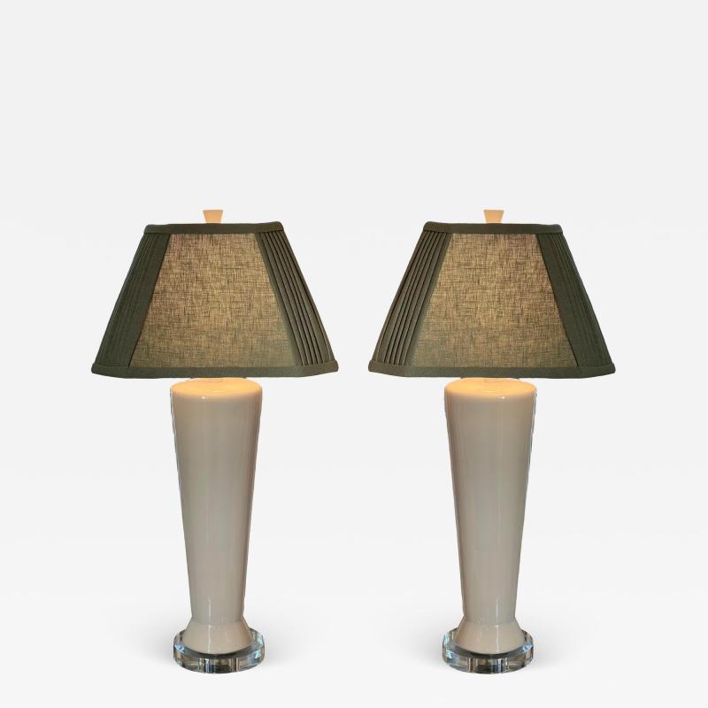 Mid Century Modern White Pottery Table Lamps W Custom Made Linen Shades a Pair