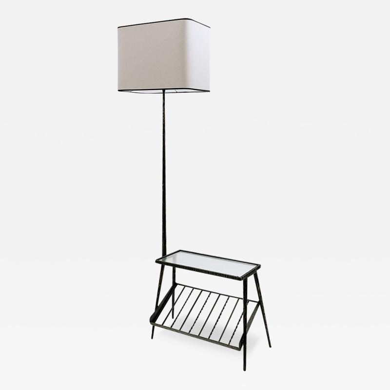 Mid Century Modern Wrought Iron Floor Lamp with Table Magazine Rack