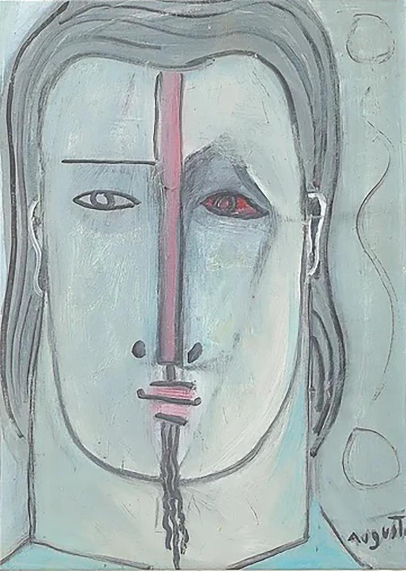 Mid Century Modernist Abstract Cubist Portrait in Oil on Canvas signed Augusti
