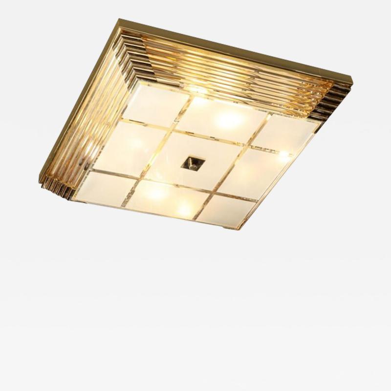 Mid Century Modernist Brass Frosted Glass Rod Square Flush Mount