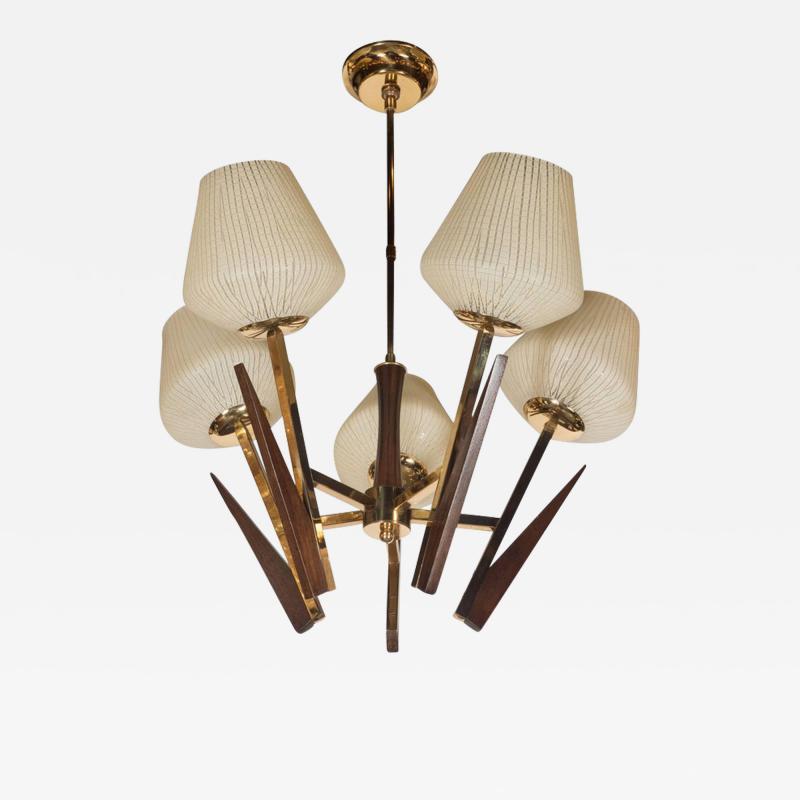 Mid Century Modernist Chandelier in Ebonized Walnut Brass and Textured Glass