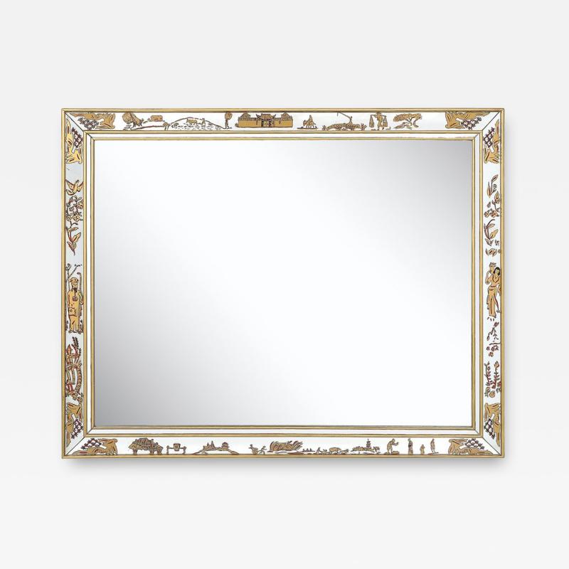 Mid Century Modernist Eglomise Giltwood Stylized Chinoiserie Bordered Mirror