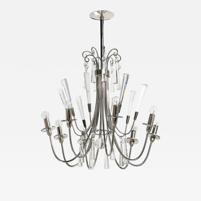 Mid Century Modernist Eight Arm Chandelier in Cut Crystal Polished Nickel