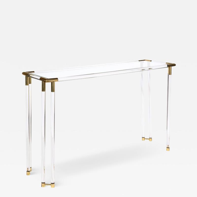 Mid Century Modernist Glass Console Table with Brass Joints Lucite Supports