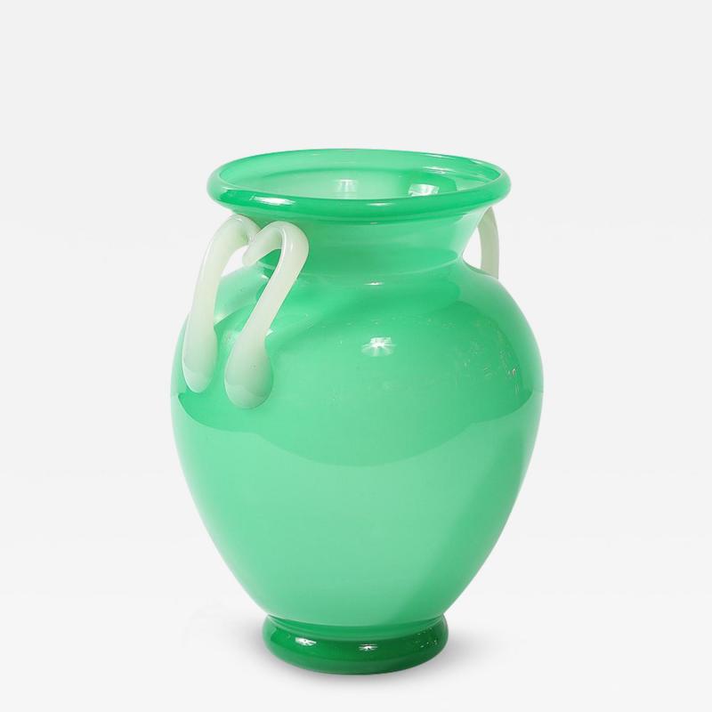 Mid Century Modernist Hand Blown Murano Amphora Glass Vase in Jade White