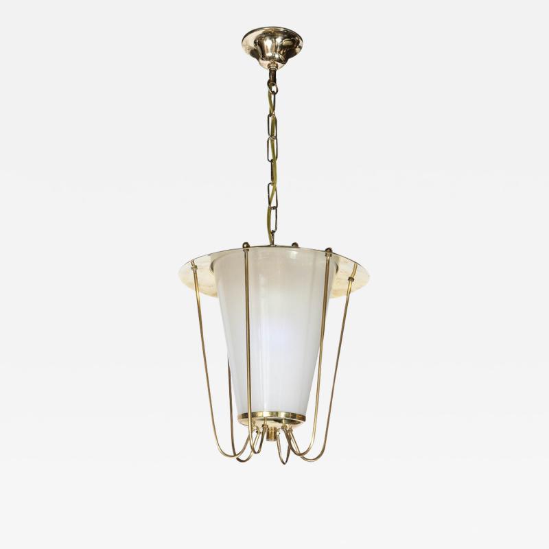 Mid Century Modernist Lantern Chandelier in Brass and Frosted Glass