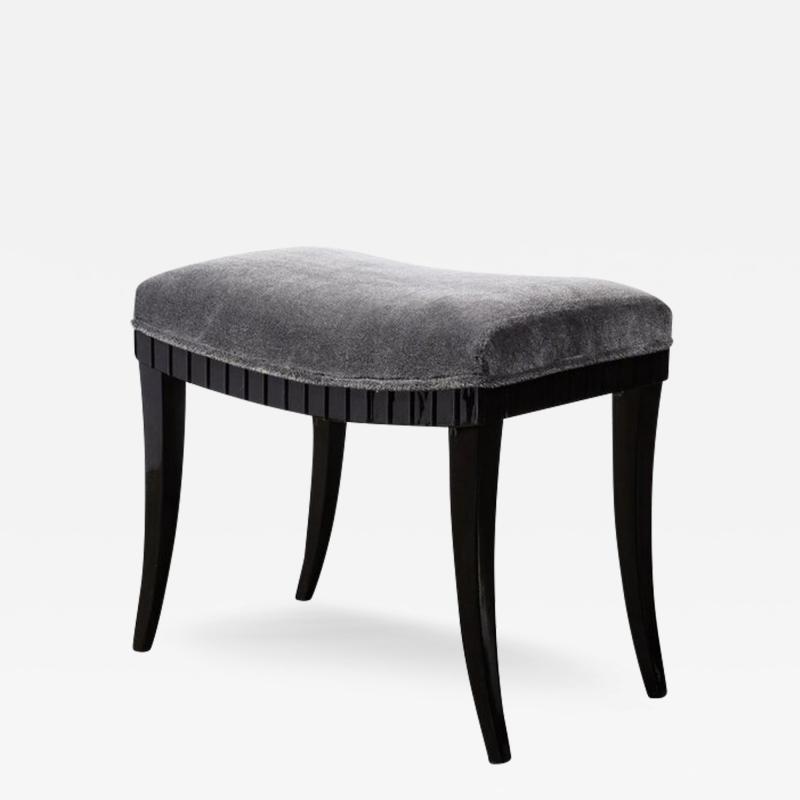 Mid Century Modernist Saber Black Lacquer Legged Stool in Charcoal Velvet Fabric