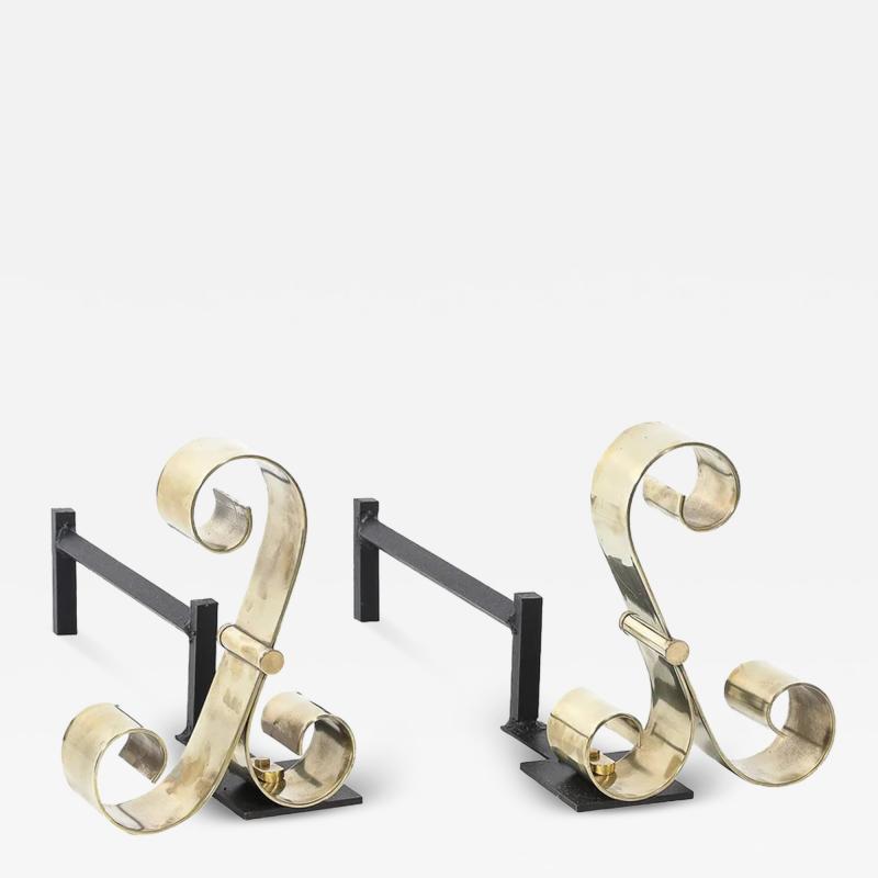 Mid Century Modernist Scroll Form Andirons in Polished Brass