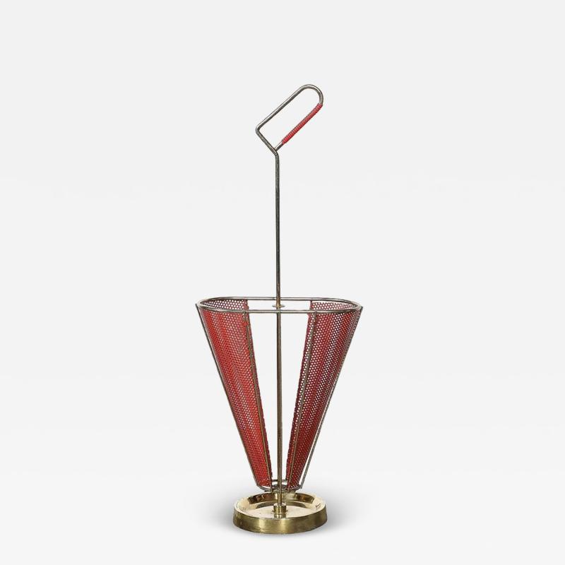 Mid Century Modernist Sculptural Brass Carnelian Red Enamel Umbrella Stand