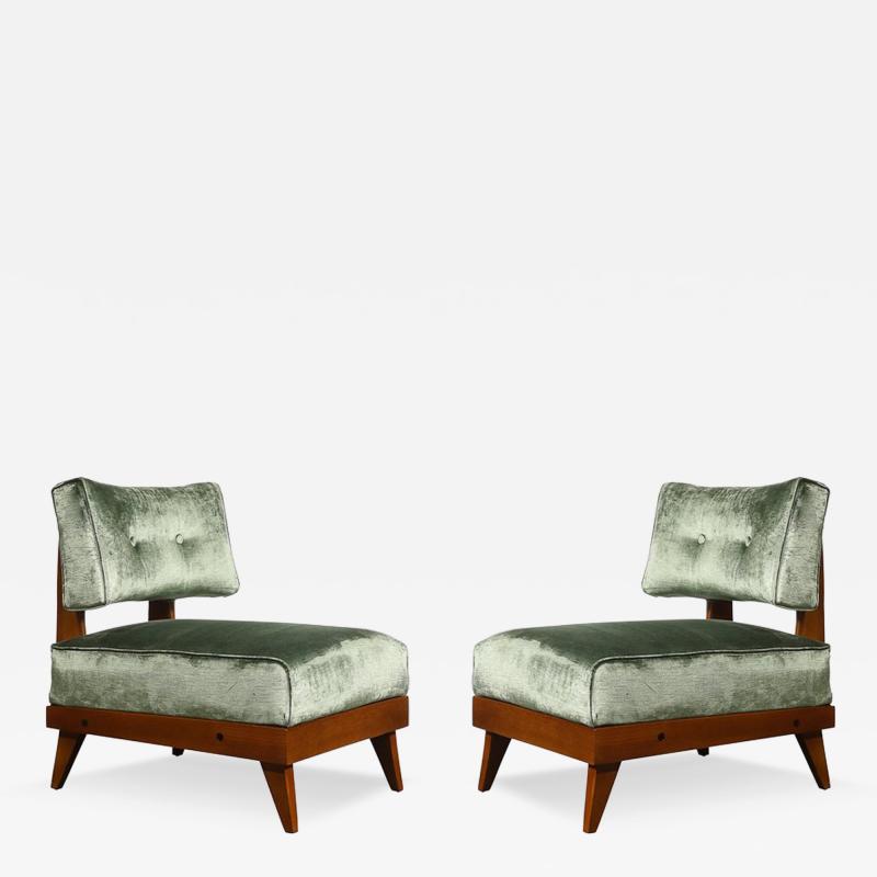Mid Century Modernist Sculptural Oak Lounge Chairs in Eucalyptus Velvet