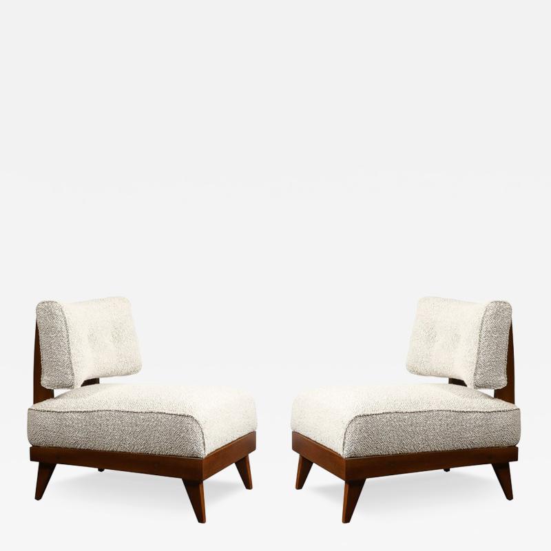 Mid Century Modernist Sculptural Oak Lounge Chairs in Off White Boucle