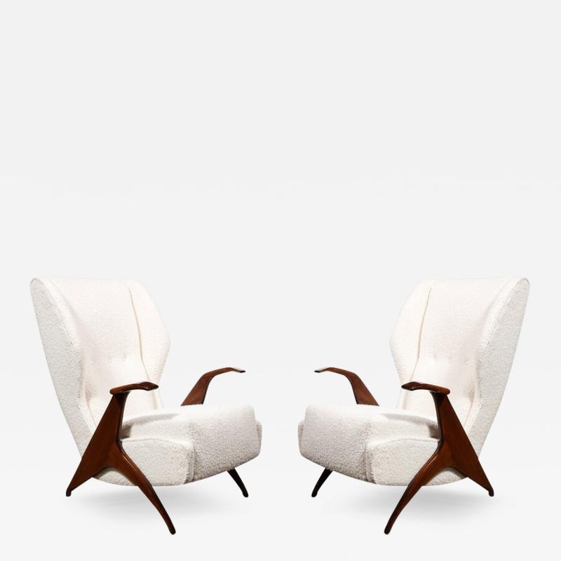 Mid Century Modernist Sculptural Walnut Arm Chairs in Holly Hunt Boucle Fabric