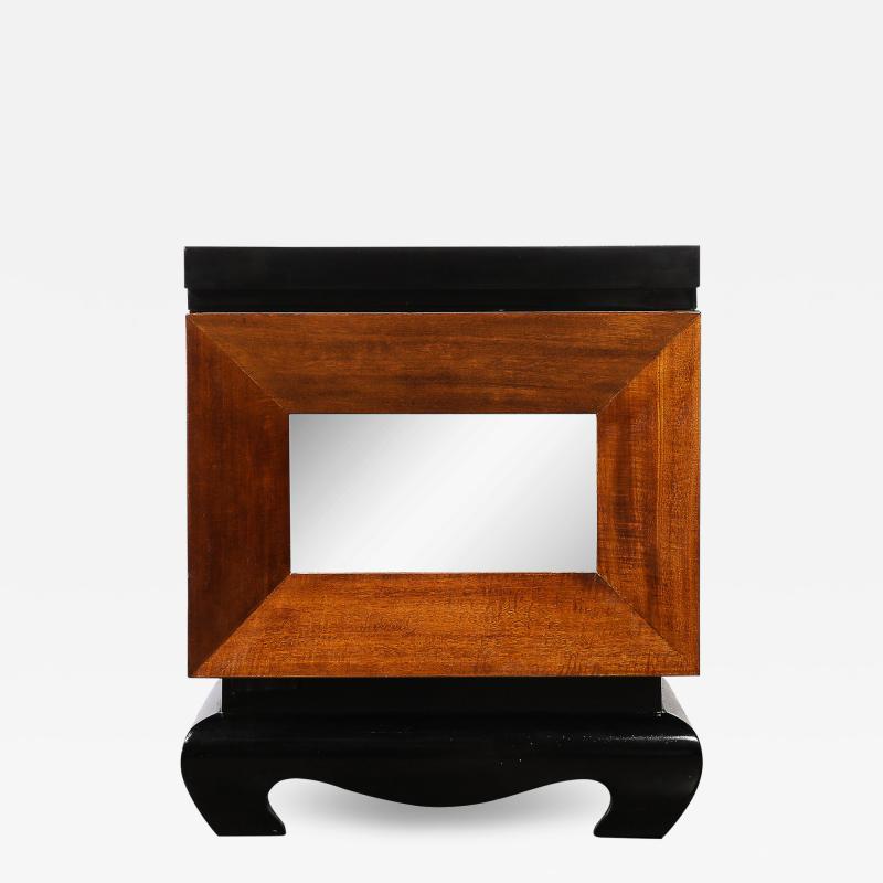Mid Century Modernist Shadowbox Mirrored Front Walnut Black Lacquer End Table