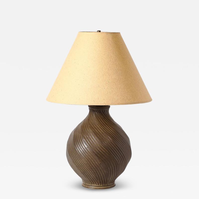 Mid Century Modernist Spiral Grooved Table Lamp in Burnt Umber Ceramic