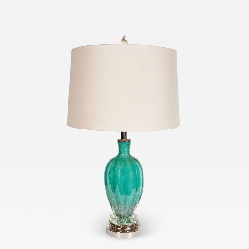 Mid Century Modernist Turquoise Murano Glass Table Lamp with Nickel Fittings