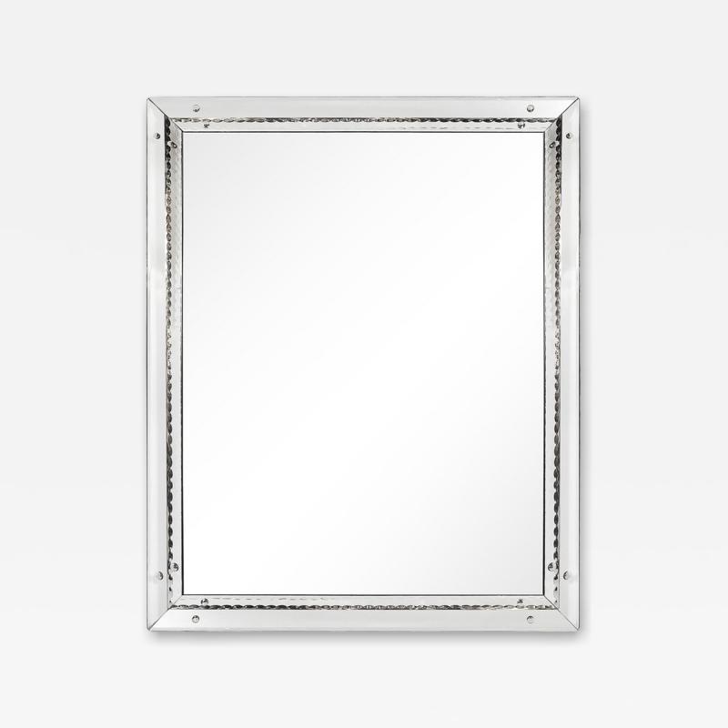 Mid Century Modernist Venetian Glass Mirror W Raised Scalloped Border Beveled