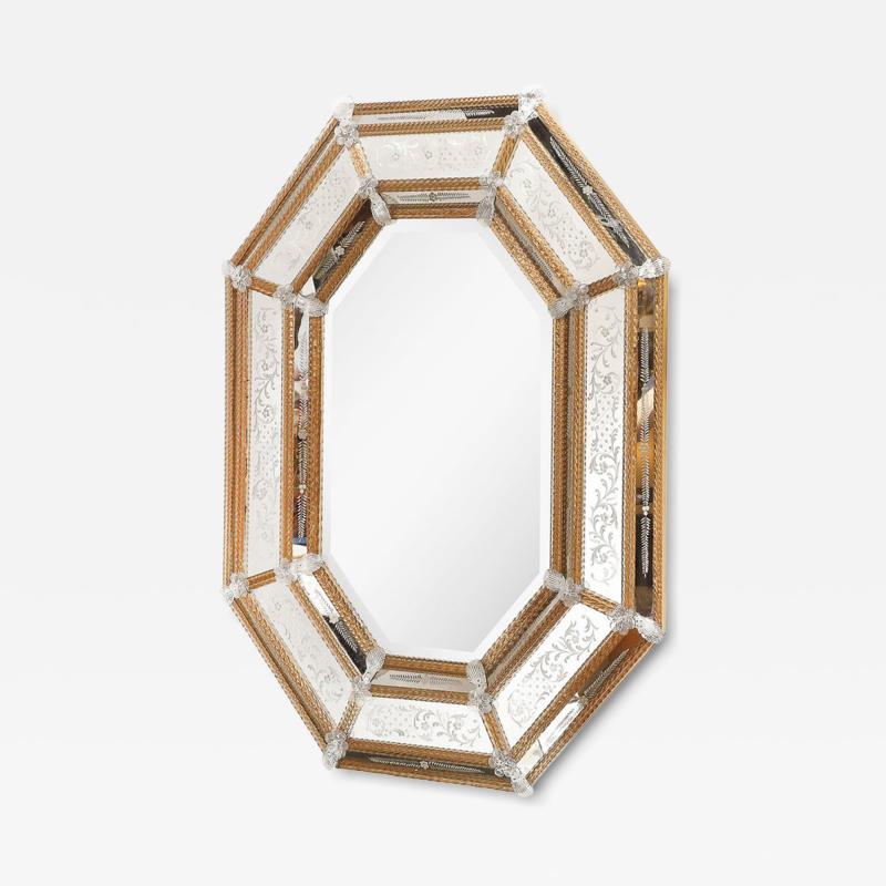 Mid Century Octagonal Amber Glass Transparent Floret Venetian Glass Mirror