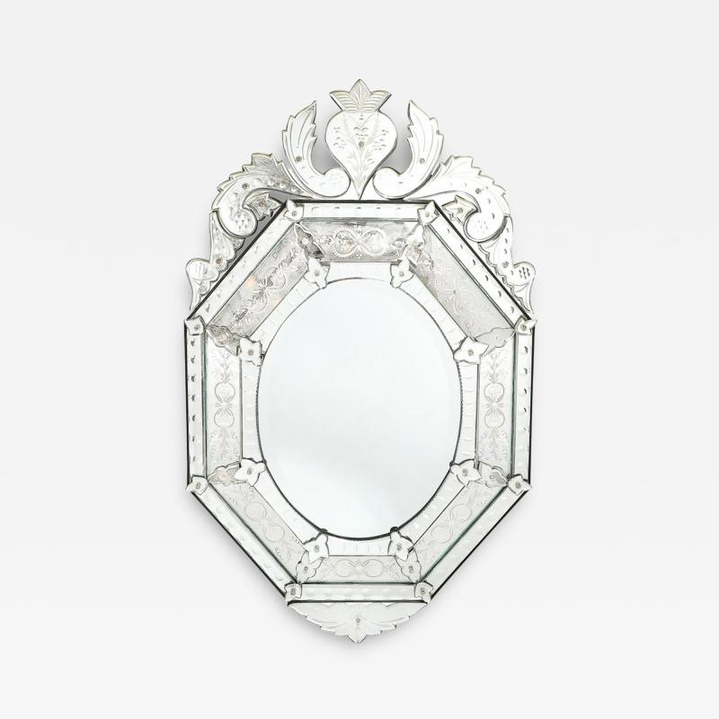 Mid Century Octagonal Tiered Reversed Etched Chain Beveled Venetian Mirror