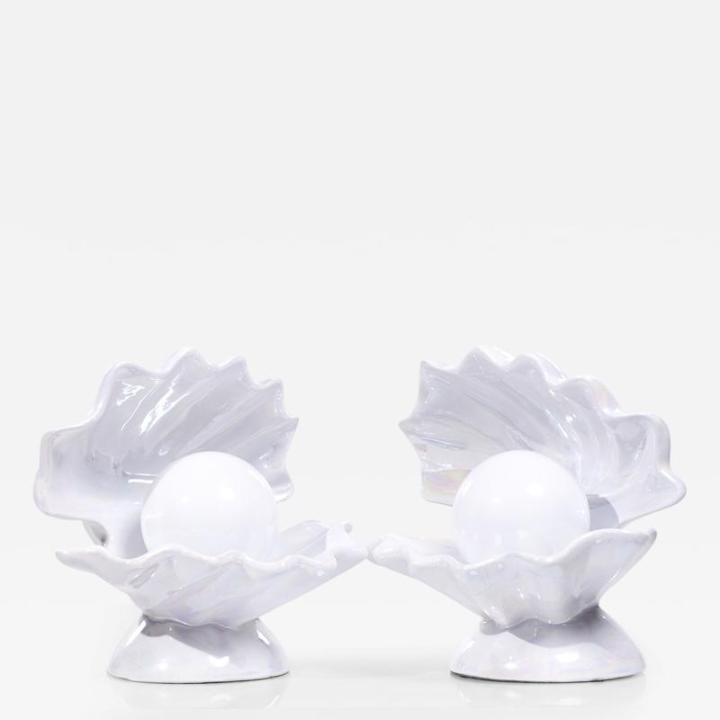 Mid Century Oyster Shell Shaped Porcelain Lamps Pair
