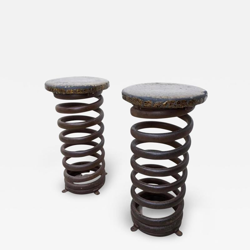 Mid Century Pair Heavy Coil Spring Bar Stools Pair Industrial Steam Punk Design