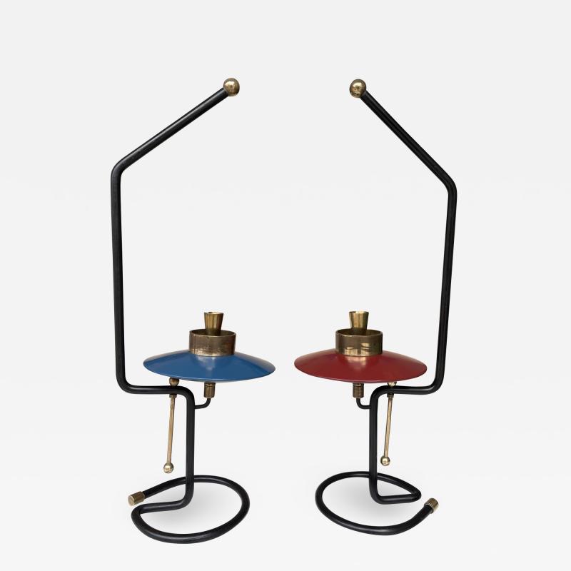 Mid Century Pair of Candle Holders Lacquered metal and Brass Italy 1950s