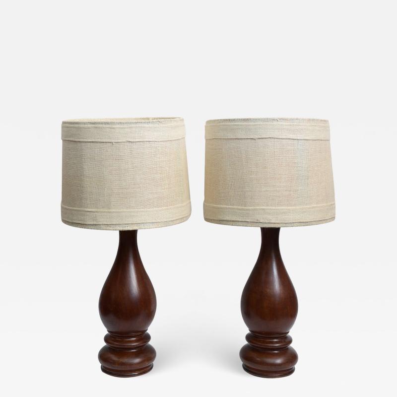 Mid Century Pair of Dark Hand Turned Wood Table Lamps