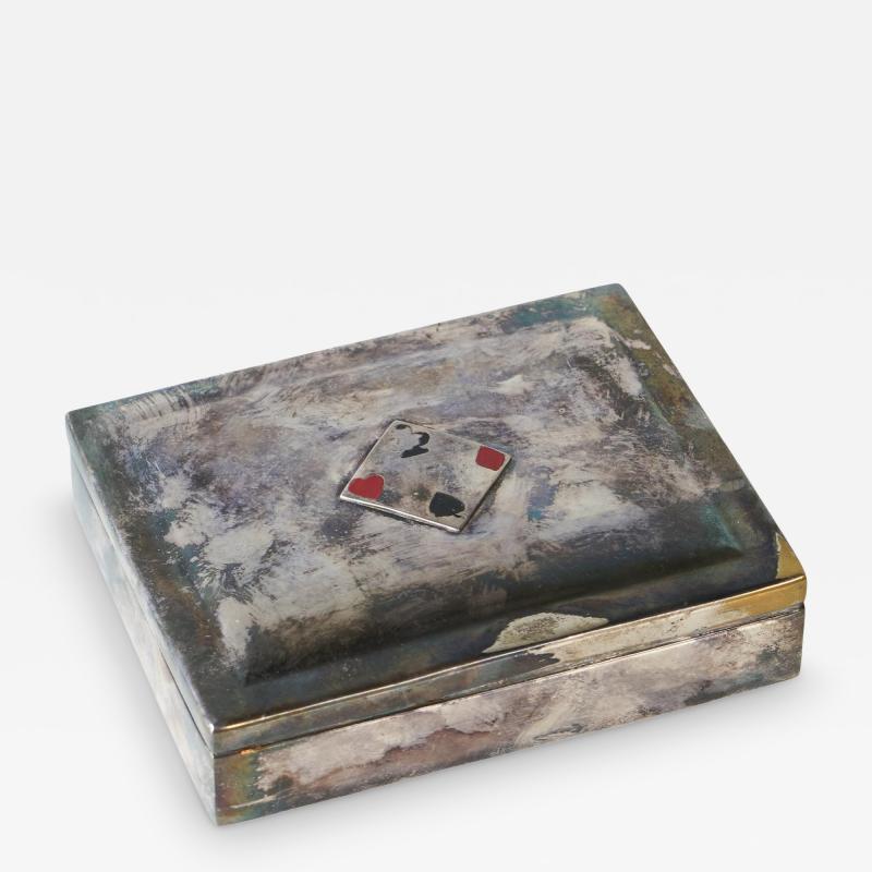 Mid Century Playing Cards Box in Patinated Silver Plated Brass and Velvet 1960s