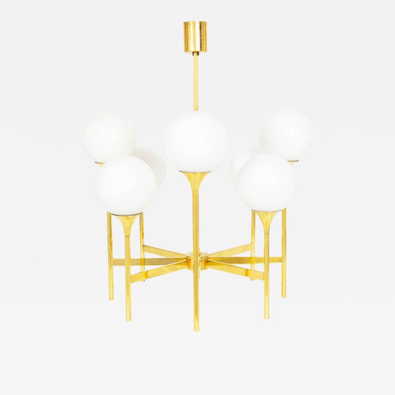 Mid Century Polished Brass Eight Light Chandelier by Gaetano Sciolari ca 1970s