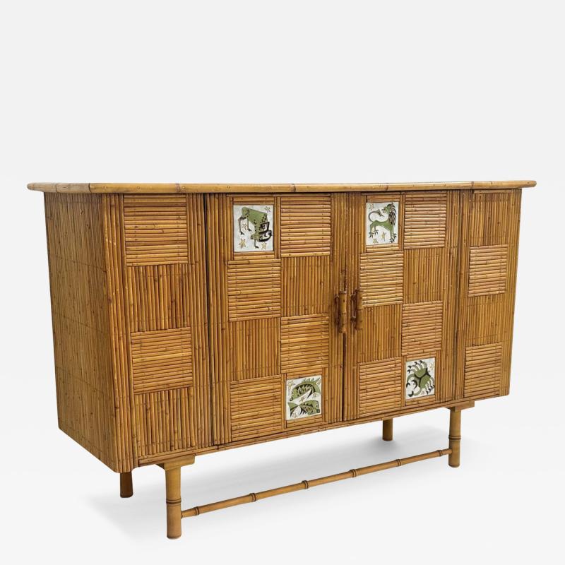 Mid Century Rattan Sideboard with Zodiac Sign Tiles in the Style of Audoux Min