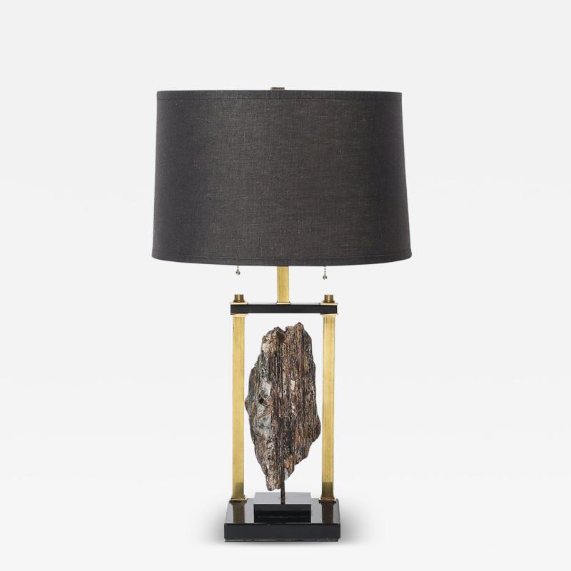 Mid Century Rectilinear Black Lacquer Brass Pyrite Specimen Table Lamp
