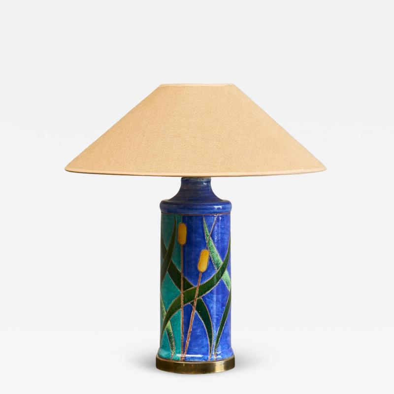 Mid Century Reed Themed Studio Pottery and Brass Table Lamp 1960s