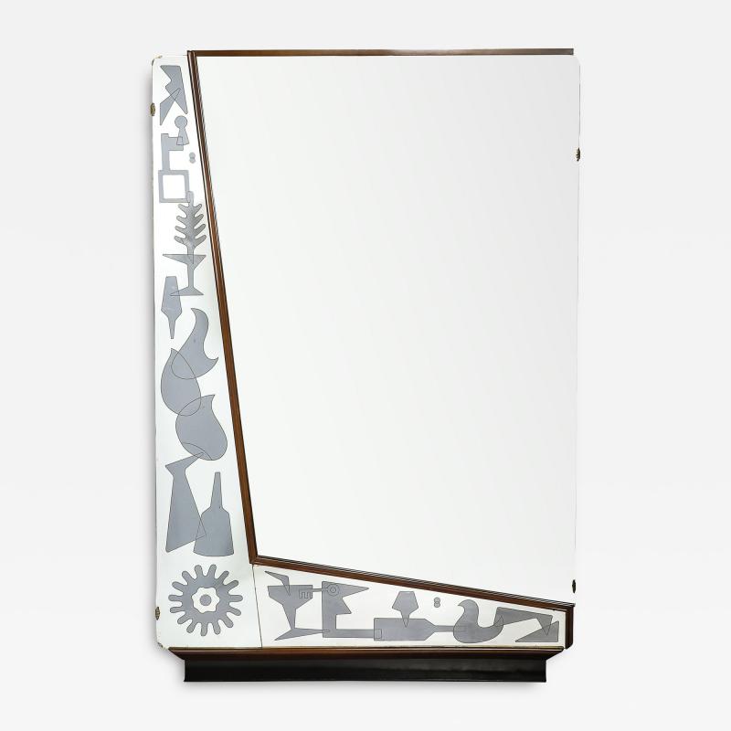 Mid Century Reversed Etched Smoked Wall Mirror with Sculptural Walnut Lining