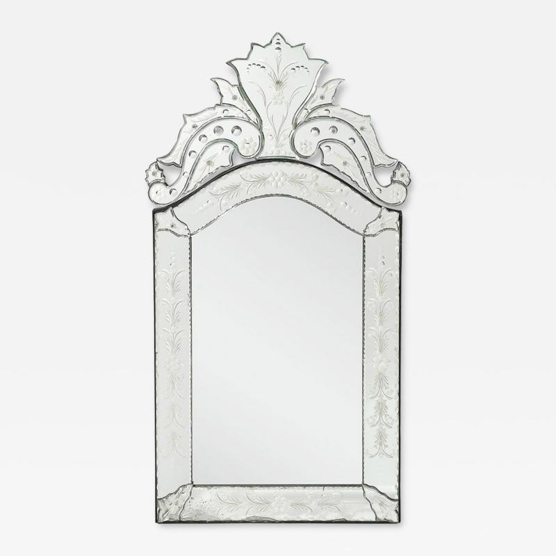 Mid Century Reversed Etched Venetian Glass Mirror with Chain Beveled Detailing