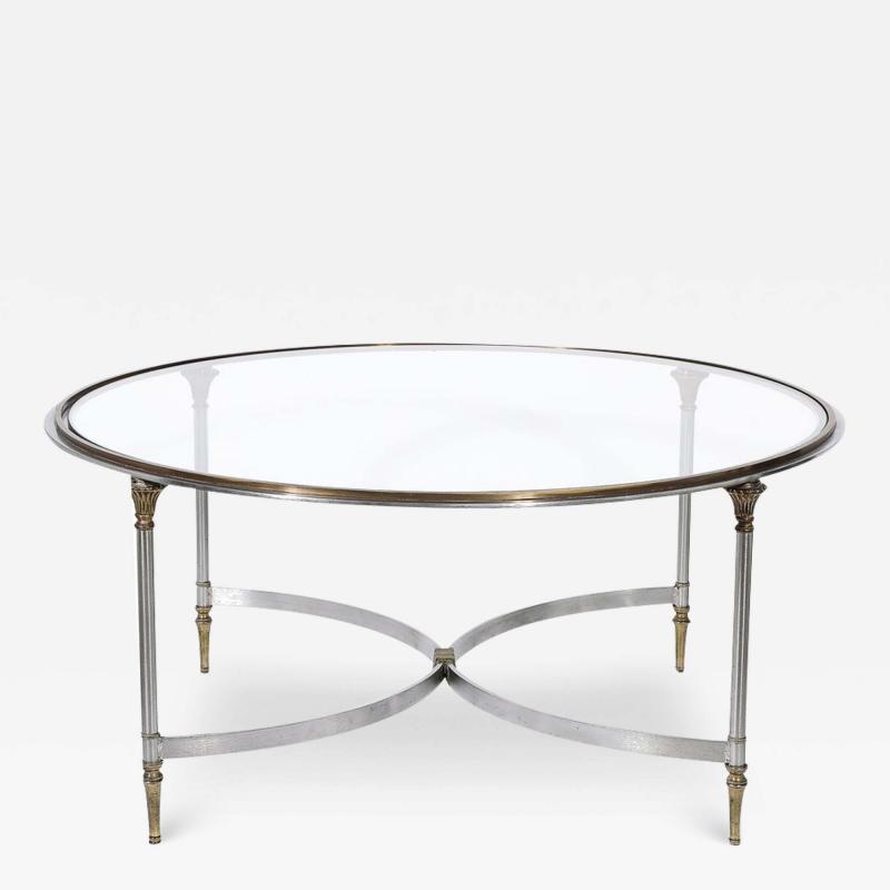 Mid Century Round Glass Brass Steel Cocktail Table Manner of Maison Jansen