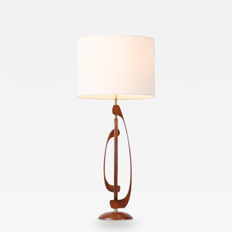 Mid Century Sculpted Walnut Table Lamp with Brass Accent