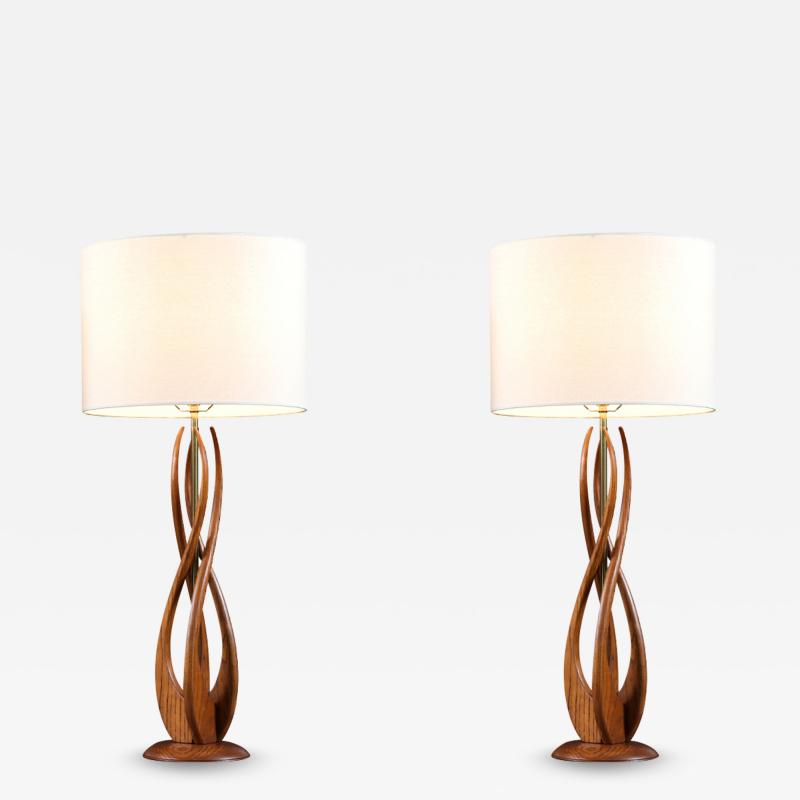 Mid Century Sculpted Walnut with Brass Accent Table Lamps