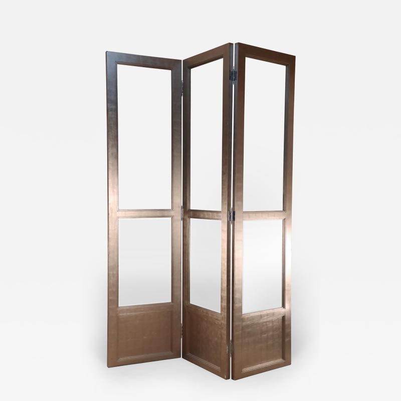 Mid Century Silver Leaf and Glass Three Panel Room Divider Screen