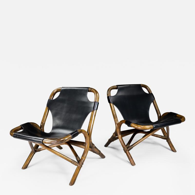 Mid Century Spanish Leather Bamboo Lounge Chair by Cerda