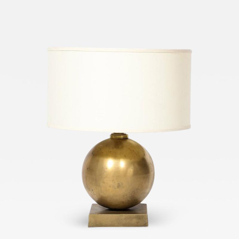 Mid Century Spherical Brass Rectilinear Base Table Lamp w Custom Drum Shade