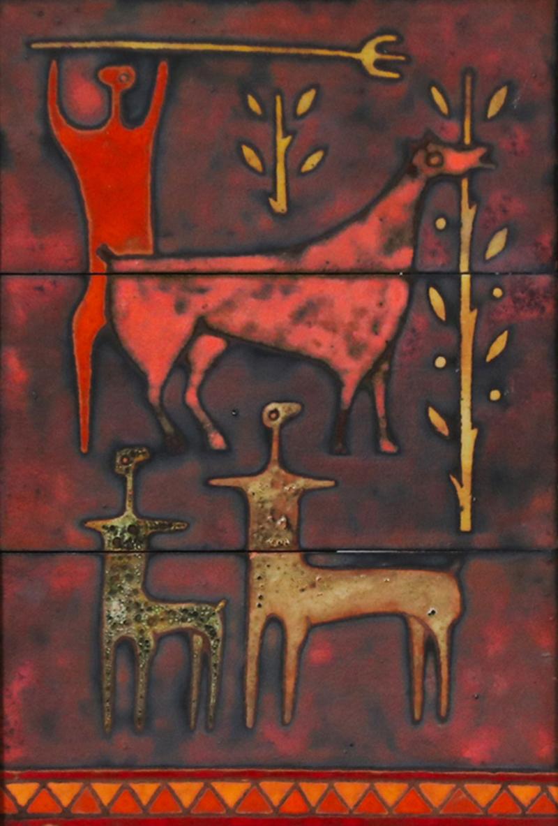 Mid Century Studio Ceramic Plaque w Primitivist Animal Hunting Motifs