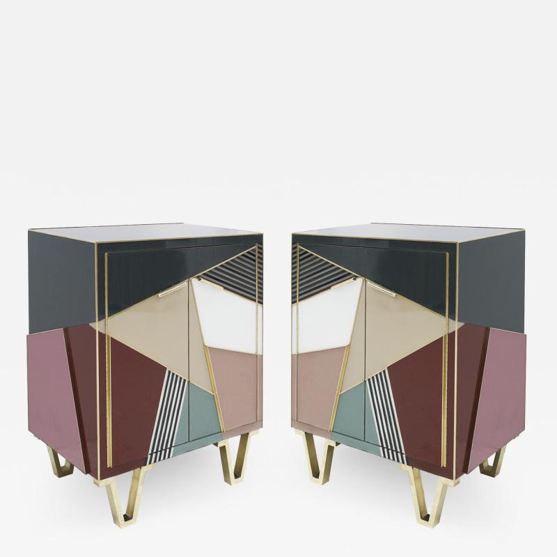 Mid Century Style Wood Colored Glass and Brass Pair of Italian Sideboards