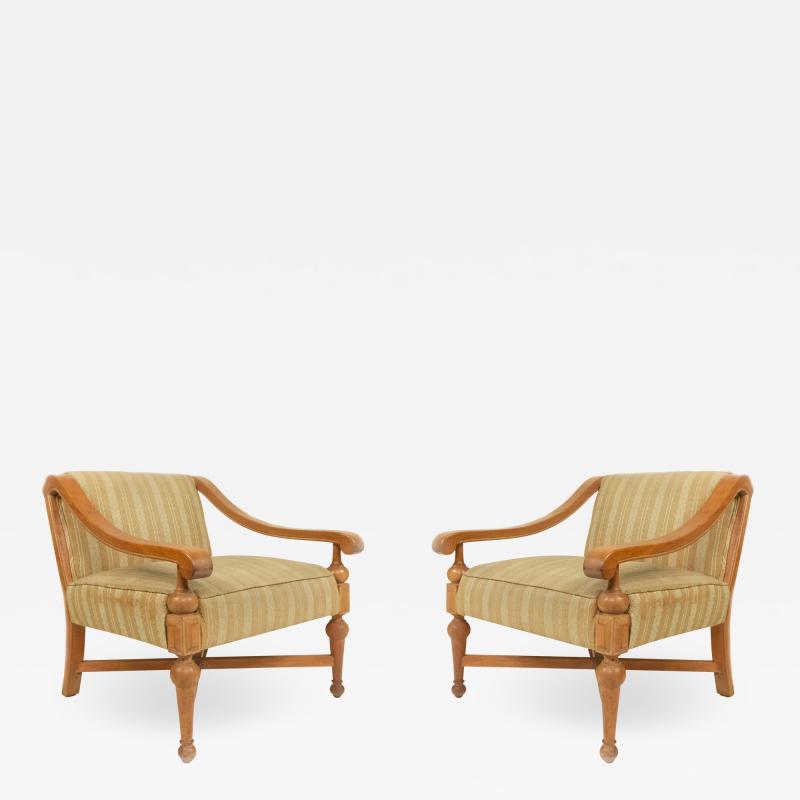 Mid Century Sycamore Upholstered Arm Chairs