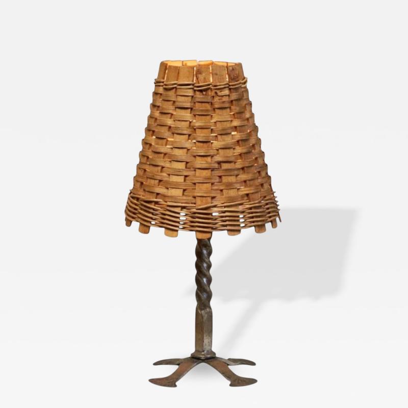 Mid Century Table Lamp in Wrought Iron with Woven Rattan Shade 1960s