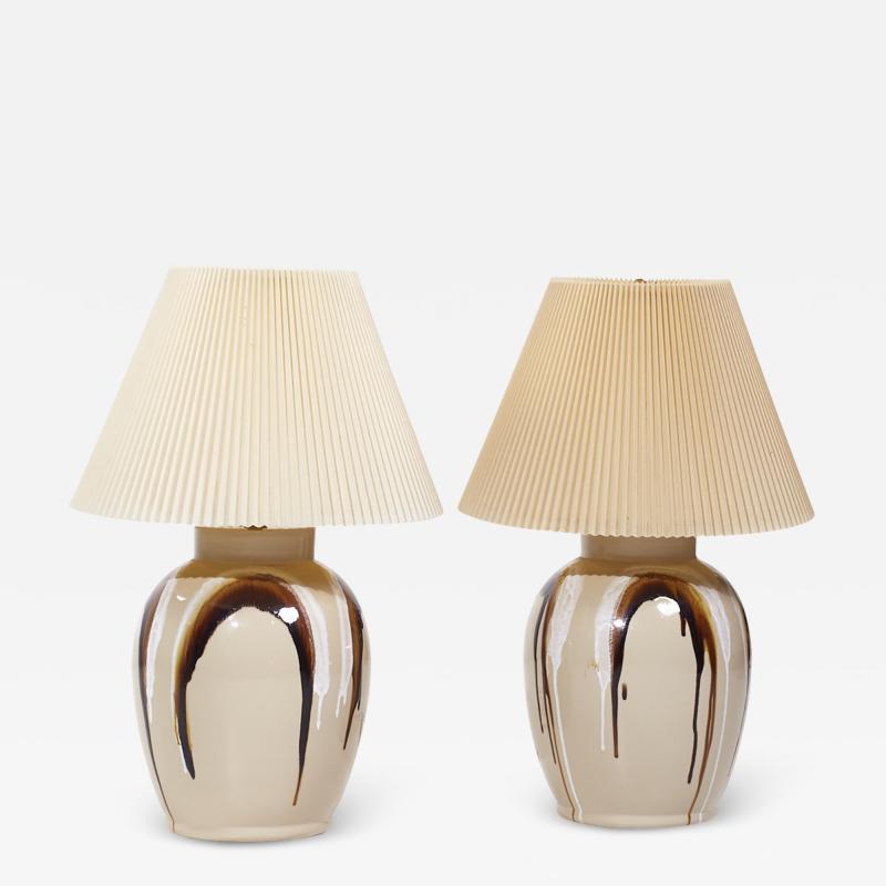 Mid Century Tan Ceramic Drip Glaze Lamps Pair