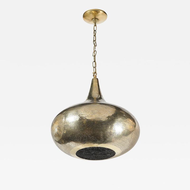 Mid Century Teardrop Form Antique Brass Pendant w Pierced Detailing Chandelier