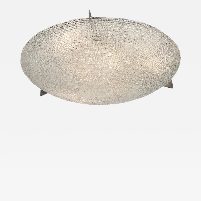 Mid Century Textured Glass Round Flush Mount Minimal Nickel Fitted Chandelier