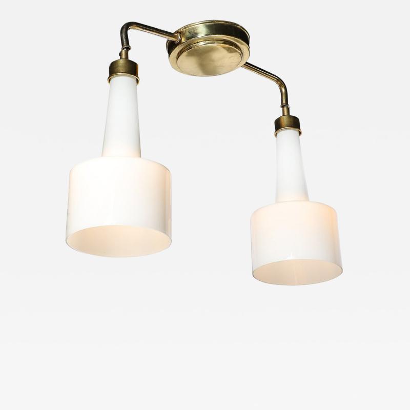 Mid Century Two Branch Pendant Chandelier in Molded Milk Glass w Brass Fittings