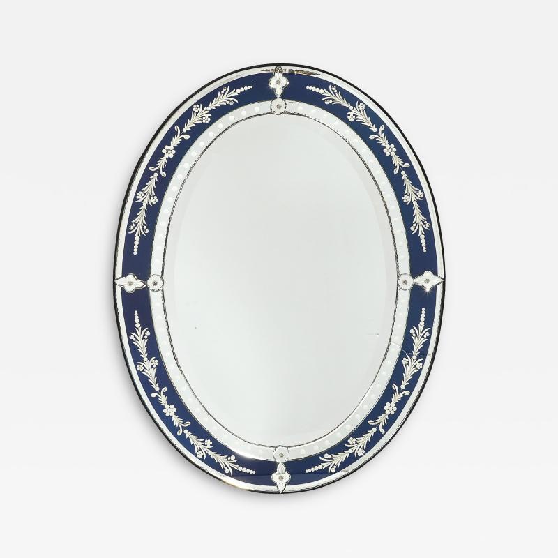 Mid Century Venetian Glass Reverse Etched Oval Mirror w Sapphire Blue Border